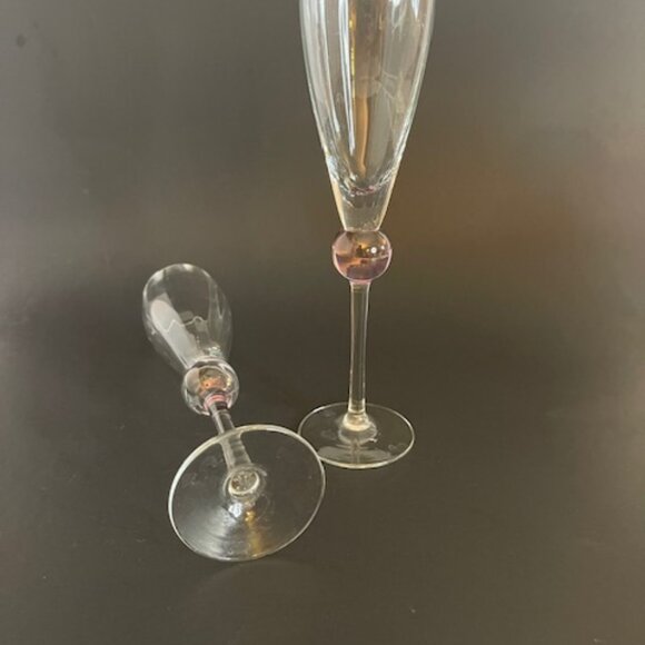 Pair of Elegant Champagne Flutes – 9.5" Tall, Long Stem with Pink Ball Decor - Picture 2 of 8